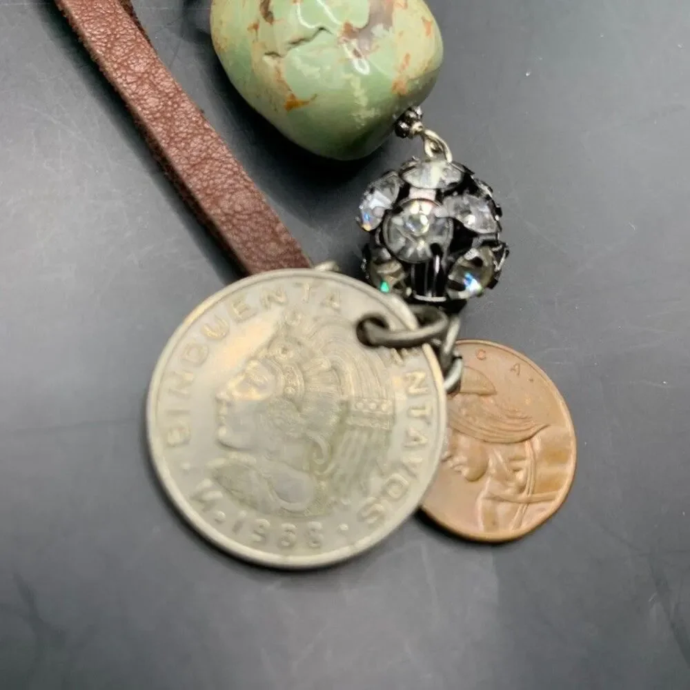 Handmade Artisan Necklace Jasper Pearl Panama Mexico Coins Leather Rhinestones